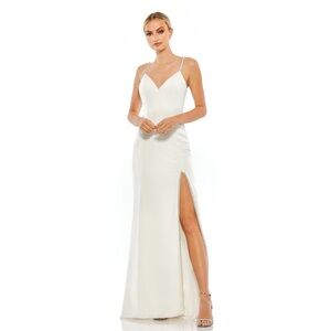 Mac Duggal 55706 Rhinestone Trimmed Thigh Slit Spaghetti Strap Gown White Size 4